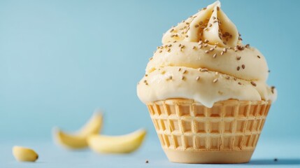 Poster - Banana ice cream topped with sesame seeds in a waffle cup against a blue background for a refreshing dessert appeal