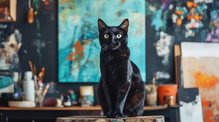 Aufkleber - Black cat perched on a rustic table in an artist's studio surrounded by vibrant artwork and decor with empty space for text