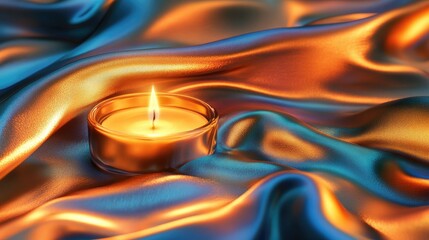 Poster - Elegant candle glowing softly on vibrant, textured silk fabric in warm hues of gold, blue, and orange creating a calm, inviting atmosphere.