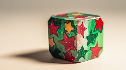 Poster - Colorful wooden cube decorated with green and red stars on a neutral background for playful design and artistic expression.