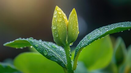 Poster - Banana bud surrounded by vibrant green leaves adorned with glistening morning dew droplets in soft natural light