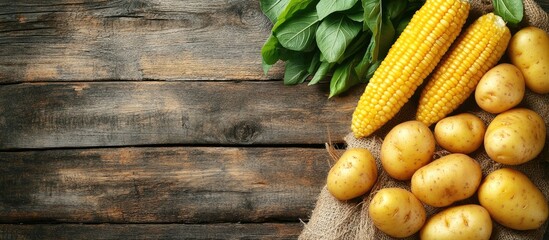 Poster - Fresh corn and potatoes with green leaves on rustic wooden table natural food scene with space for text or recipe ideas