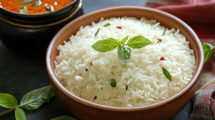 Poster - Delicious bowl of fragrant jasmine rice accompanied by vibrant curry and fresh basil garnish ready for a delightful meal