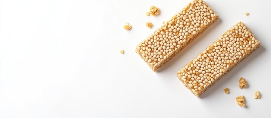 Poster - Nutrient Rich Tahini Protein Bars on Minimalist White Background Ideal for Healthy Snack Promotions and Recipe Ideas