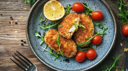 Poster - Delicious croquettes served with cherry tomatoes and fresh arugula on a rustic plate with a slice of lemon garnish