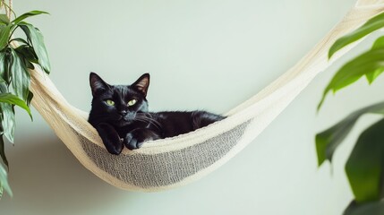 Aufkleber - Black cat lounging in a hammock surrounded by green plants with soft lighting and ample blank space for text placement