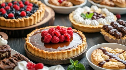 Poster - Assorted Gourmet Desserts Featuring Flan Cookies Pies and Fresh Berries on Rustic Dark Table