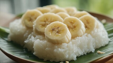 Aufkleber - Traditional Thai Dessert of Steamed Glutinous Rice with Coconut Milk and Sliced Ripe Bananas Served on a Green Leaf Plate