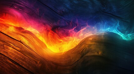 Poster - Vibrant Rainbow Flare Lines Blending with Dark Wood Grain Texture Background
