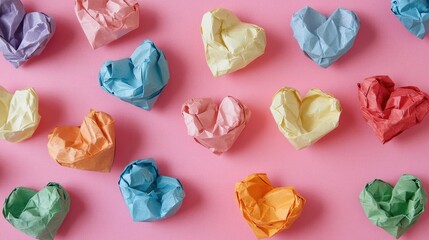 Leinwandbilder - Crumpled paper hearts in various colors scattered on a pink background creating a playful and whimsical decorative scene