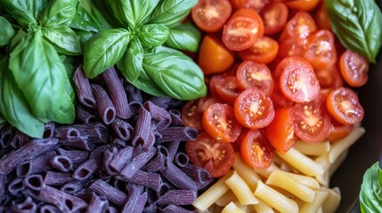 Aufkleber - Cooking pasta with fresh basil varieties and tomatoes showcasing vibrant colors and textures for a delicious meal preparation scene