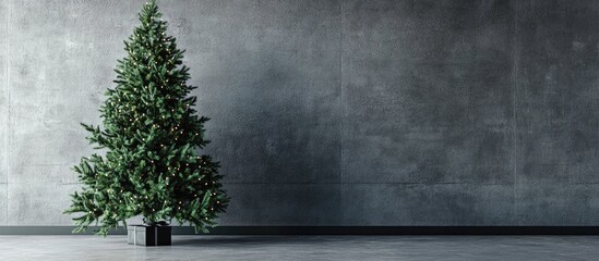 Poster - Black Christmas Tree with Spacious Concrete Background Ideal for Text Placement and Holiday Decoration Themes