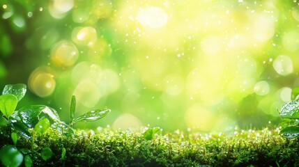Poster - Close up of water droplets on vibrant green moss with beautiful bokeh background nature scene ideal for banners or wallpapers