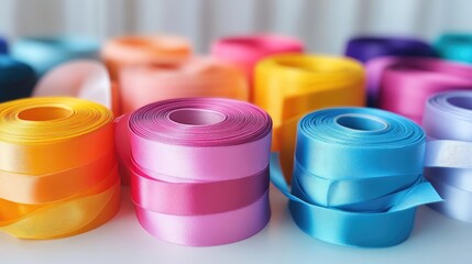 Aufkleber - Vibrant Ribbons in Pastel Shades Arranged on a Table for Festive Celebrations