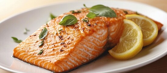 Poster - Succulent salmon fillet with fresh herbs and lemon slices on a white plate ideal for culinary presentations or recipe designs