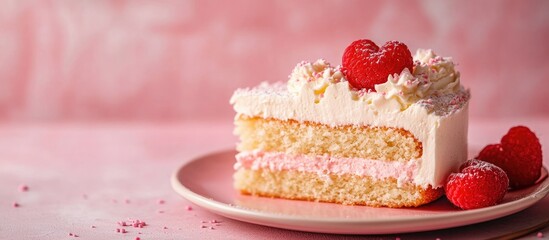 Aufkleber - Heart shaped cake slice on a pink plate with soft sponge base and fluffy topping perfect for dessert or celebration themed designs