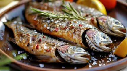 Poster - Nicely plated roasted trout garnished with herbs and salt served alongside fresh lemon slices and vegetables