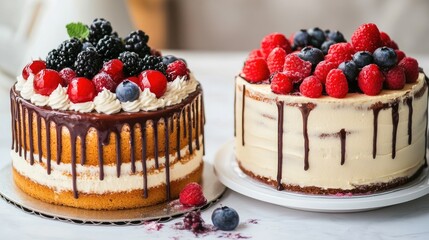 Aufkleber - Deliciously decorated cakes with fresh berries and smooth frosting on a marble countertop for culinary inspiration and dessert photography