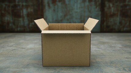 Poster - Cardboard box in open position inside a rustic interior setting showcasing available storage space for organization and display purposes