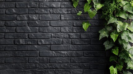 Poster - Black Brick Wall with Lush Ivy Plants Creating a Natural Contrast in Modern Urban Decor