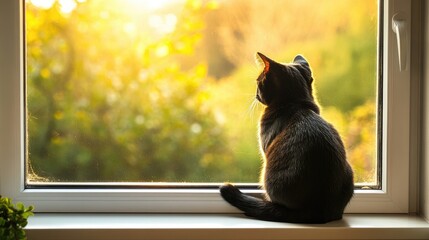 Poster - Black cat with yellow eyes sitting by a sunlit window enjoying peaceful tranquility with space for text overlay