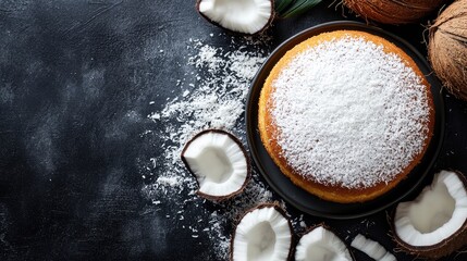 Poster - Coconut cake topped with shredded coconut surrounded by fresh coconuts and coconut flakes on a dark surface for food styling or recipes