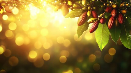 Poster - Cocoa tree branch with vibrant fruits set against a dreamy yellow bokeh background capturing nature's beauty and warmth.