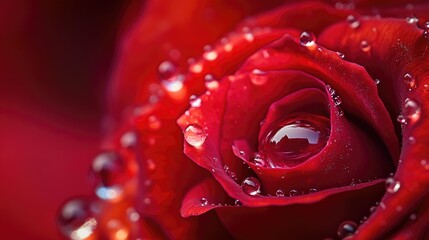 Aufkleber - Macro shot of dew drops on a vibrant red rose showcasing nature's beauty and delicate details of petals and water droplets.