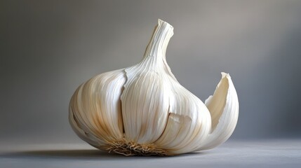 Poster - Artistic portrayal of garlic bulb with unique shapes and textures on a minimalist background for culinary and creative designs