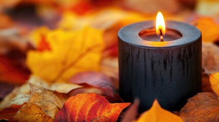 Aufkleber - Black candle surrounded by vibrant orange and yellow autumn leaves creating a cozy fall atmosphere.