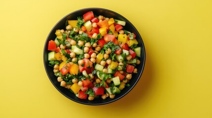 Poster - Chickpea salad with fresh vegetables and herbs in a black bowl on a vibrant yellow background