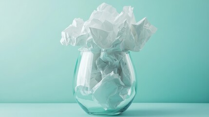 Poster - Crumpled white paper in a clear glass vase on a pastel turquoise background creative mockup for design presentations