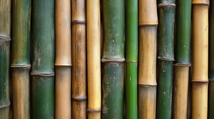 Poster - Natural Bamboo Sticks Wall Texture for Background in Earthy Tones with Varying Shades of Green and Tan for Design and Decoration Usage