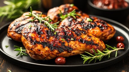 Aufkleber - Juicy grilled chicken breast garnished with herbs on a sleek black plate with barbecue sauce in a rustic setting