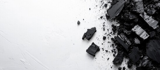 Leinwandbilder - Black Charcoal Pieces and Scattered Fragments on White Surface with Blank Space for Text and Minimalist Background for Design
