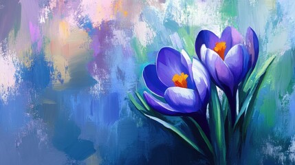 Poster - Vibrant crocus blue spring flowers with violet hues and green accents in an abstract artistic background illustration.