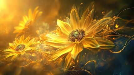 Poster - Vibrant yellow summer flowers blooming under soft sunlight creating a warm and inviting atmosphere in nature's beauty