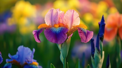 Poster - Vibrant blooming iris flowers in a colorful garden landscape showcasing nature's beauty and diverse hues in springtime.