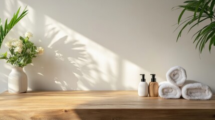 Poster - Spa accessories on a wooden table against a white wall for product presentation with lush greenery and soft light ambiance