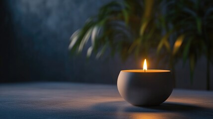 Poster - Candle lamp illuminating a serene space with soft lighting and plants in the background creating a tranquil atmosphere.