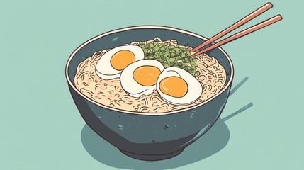 Poster - Delicious bowl of ramen noodles with soft boiled eggs and fresh green onions on a vibrant background featuring chopsticks