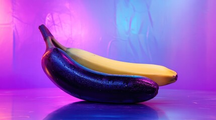 Poster - Black Cavendish and Yellow Banana on Vibrant Holographic Background with Soft Lighting and Copyspace for Creative Text and Designs