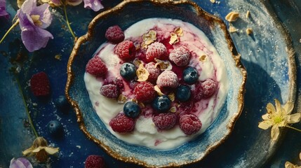 Poster - Plant based yogurt topped with fresh raspberries and blueberries in a decorative bowl healthy dessert flat lay organic ingredients concept