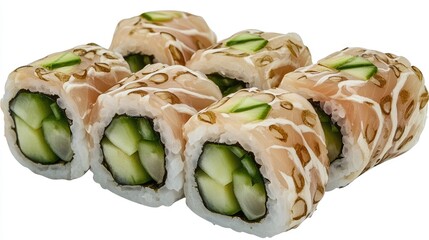 Aufkleber - Bonito Maki Sushi Rolls with Salmon Skin and Cucumber Wrapped in Rice for Delicious Japanese Cuisine Presentation