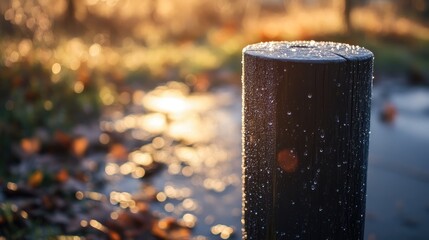 Poster - Luminous bollard glistening with morning dew in a serene outdoor setting during sunrise