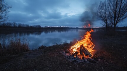 Poster - Bonfire by the river at dusk with flames illuminating the shoreline and a tranquil water reflection under a cloudy sky