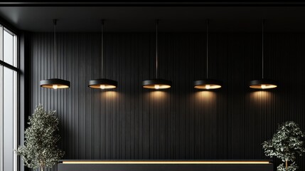 Poster - Elegant Black Ceiling with Modern Pendant Lighting in Contemporary Interior Design Featuring Copyspace for Text Display