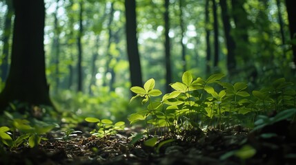 Poster - Lush green foliage in a serene forest setting with soft sunlight illuminating vibrant plants and trees on the forest floor.