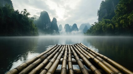 Poster - Bamboo rafts floating in serene misty karst landscape reflecting tranquil nature beauty in stunning mountain scenery