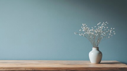 Poster - Serene wooden table with a white vase of delicate flowers against a soothing blue gray backdrop for minimalistic interior design themes